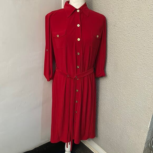 Tahari Arthur S. Levine Red Roll Tack Up Sleeve Shirtdres 12 Corporate Siren - Picture 1 of 7